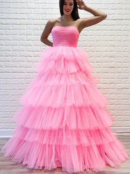 Princess Pink Prom Dress,Strapless Ruffle Skirt Dress,PD00497