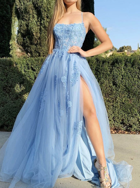 Light SkyBlue Tulle Party Dress with Slit,A-line Prom Dress,PD00498