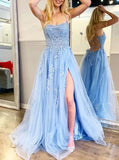 Light SkyBlue Tulle Party Dress with Slit,A-line Prom Dress,PD00498