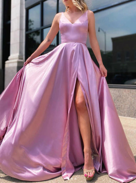 A-line Satin Prom Dress,V-Neck Prom Dress with Slit,PD00499