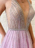 Lilac Princess Prom Dress,Beaded Top Tulle Dress,PD00501