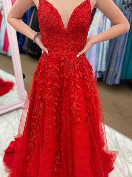 Red Lace Tulle Prom Dress,A-line Prom Dress with Lace Up Back,PD00502