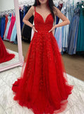 Red Lace Tulle Prom Dress,A-line Prom Dress with Lace Up Back,PD00502