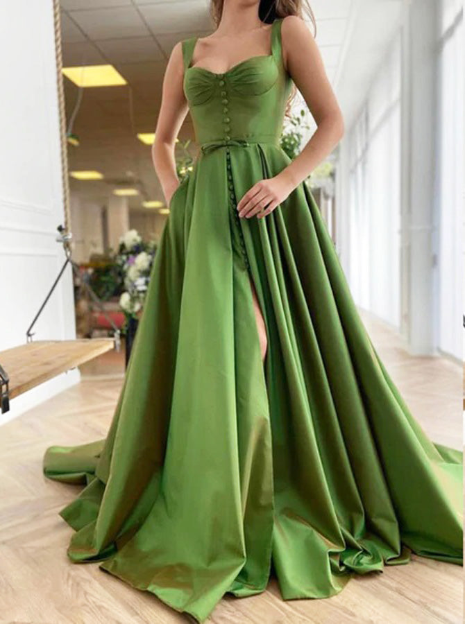 Sage Green A-line Prom Dress,Taffeta Prom Dress with Slit,PD00504 Custom Size / Picture Color