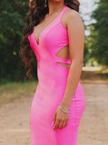 Fitted Hot Pink Prom Dress,Open Back Evening Dress,PD00506