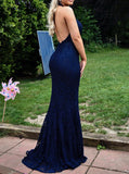 Dark Navy Lace Prom Dress,Sheath Halter Neckline Evening Dress,PD00507