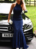 Dark Navy Lace Prom Dress,Sheath Halter Neckline Evening Dress,PD00507