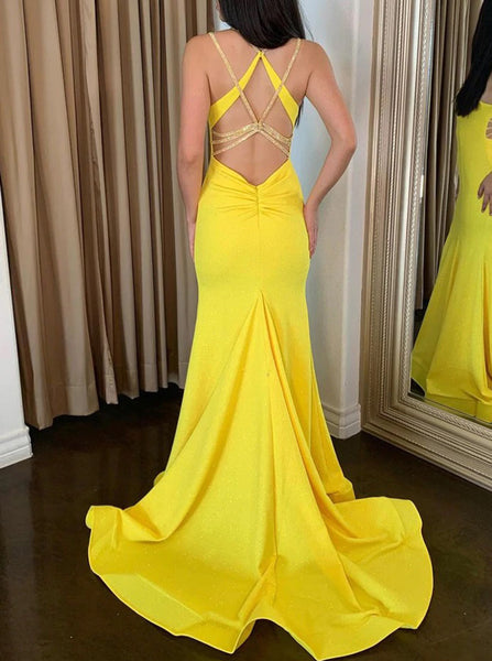 Yellow Open Back Evening Dress,Multi-Strap Dress,PD00508