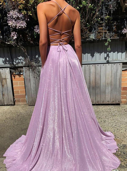 Lilac A-line Prom Dress with Pockets,Spaghetti Straps Shimmer Dress,PD00511