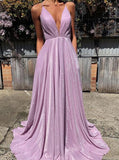 Lilac A-line Prom Dress with Pockets,Spaghetti Straps Shimmer Dress,PD00511