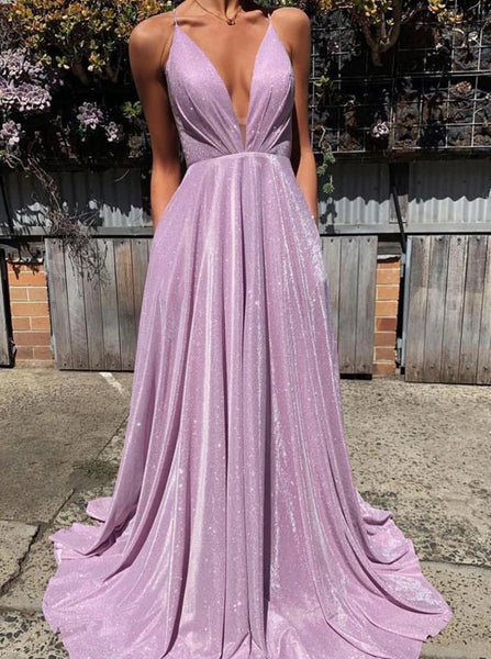 Lilac A-line Prom Dress with Pockets,Spaghetti Straps Shimmer Dress,PD00511