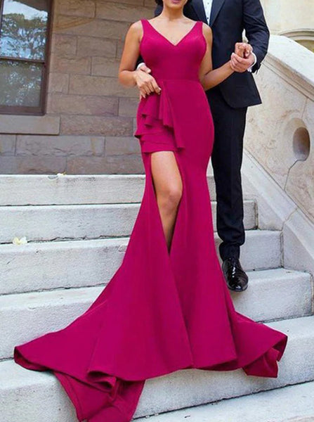Fuchsia V-neck Prom Dress,Cutaway Slit Evening Dress,PD00512