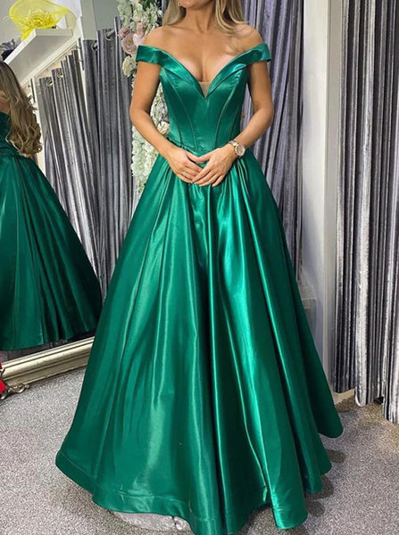 Emerald Formal Gown,Off the Shoulder Princess Satin Prom Gown,PD00513