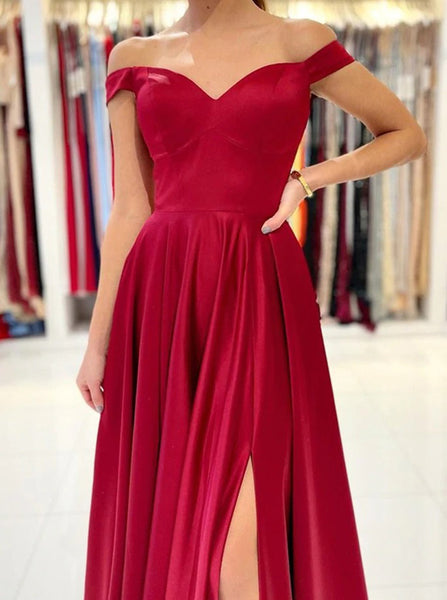 Off the Shoulder Soft Satin Prom Dress,Long Bridesmaid Dress with Slit,PD00516