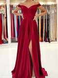 Off the Shoulder Soft Satin Prom Dress,Long Bridesmaid Dress with Slit,PD00516