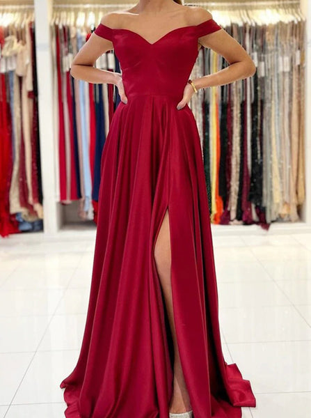 Off the Shoulder Soft Satin Prom Dress,Long Bridesmaid Dress with Slit,PD00516