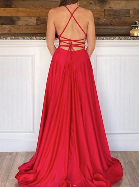 Red Soft Satin Prom Dress with Pockets,High Slit Long Dress,PD00517