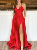 Red Soft Satin Prom Dress with Pockets,High Slit Long Dress,PD00517