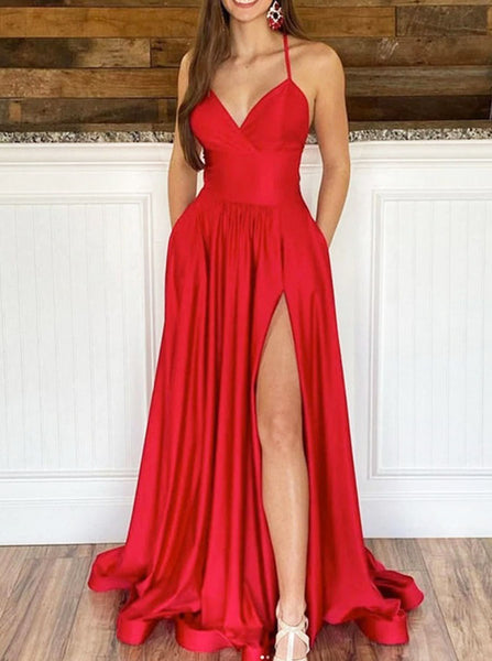 Red Soft Satin Prom Dress with Pockets,High Slit Long Dress,PD00517