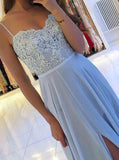 Chiffon Long Party Dress with Lace Appliques,Bridesmaid Dress long Slit,PD00518