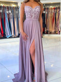 Chiffon Long Party Dress with Lace Appliques,Bridesmaid Dress long Slit,PD00518