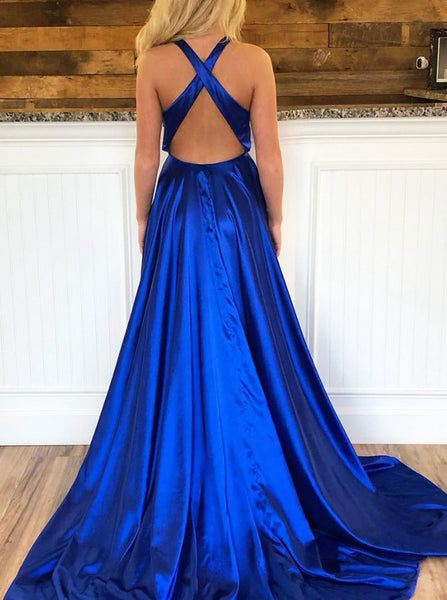 Royal Blue Satin Prom Dress,V-neck Prom Dress with Slit,PD00519