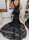 See Through Lace Evening Dress,Mermaid Black Prom Dress,PD00521
