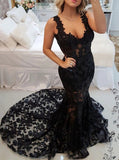 See Through Lace Evening Dress,Mermaid Black Prom Dress,PD00521