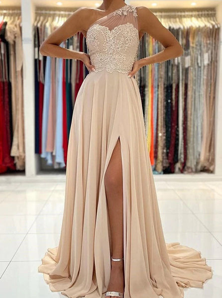 One Shoulder Prom Dress with Slit,Elegant Chiffon Prom Dress,PD00525