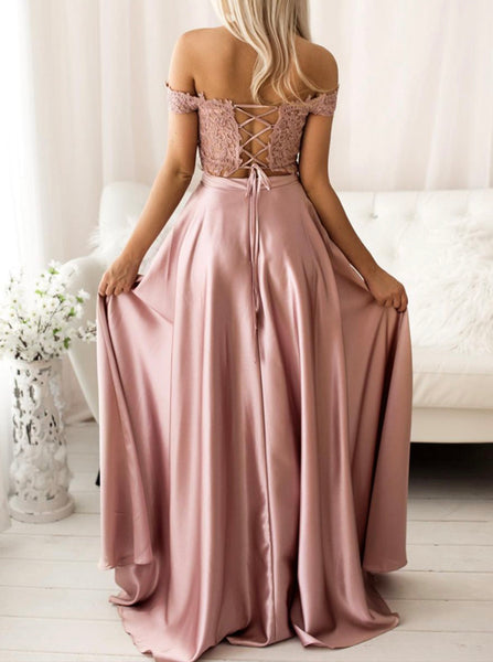Dusty Pink Two Piece Prom Dress,Off the Shoulder Bridesmaid Dress,PD00526