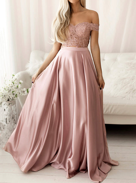 Dusty Pink Two Piece Prom Dress,Off the Shoulder Bridesmaid Dress,PD00526