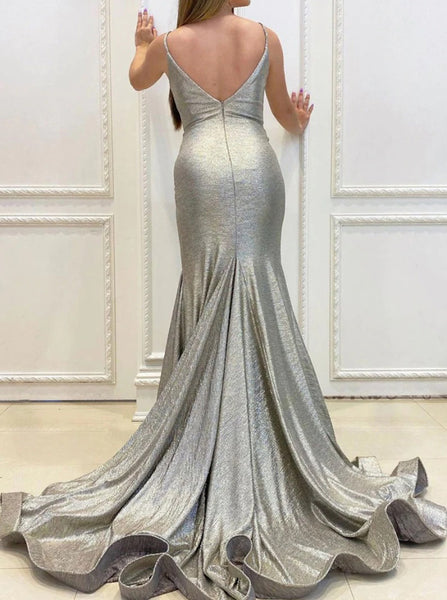 Pleated Silver Prom Dress,Mermaid V-neck Glitter Formal Gown,PD00527