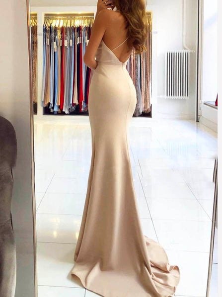 V-neck Spaghetti Straps Prom Dress,Side Slit Stretch Crepe Prom Dress,PD00528