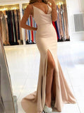 V-neck Spaghetti Straps Prom Dress,Side Slit Stretch Crepe Prom Dress,PD00528