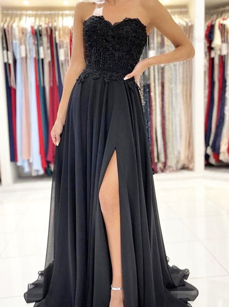 Black Chiffon Formal Dresses,Sweetheart A-line Prom Dress,PD00530