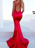 Red Mermaid Open Back Prom Dress,Pleated Evening Dress with Slit,PD00531