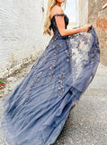 Grey A-line Tulle Prom Dress,Floral Appliques Off the Shoulder Dress,PD00534