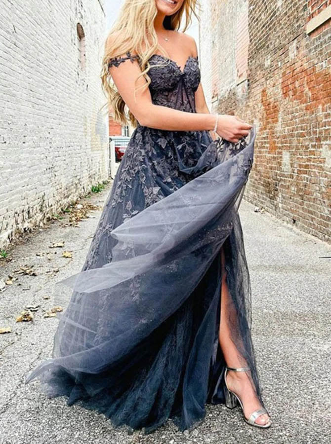 Grey A-line Tulle Prom Dress,Floral Appliques Off the Shoulder Dress,P