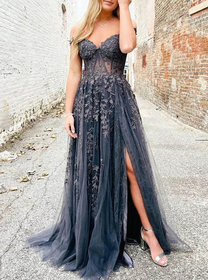 Grey A-line Tulle Prom Dress,Floral Appliques Off the Shoulder Dress,P