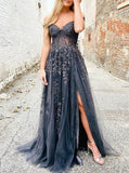 Grey A-line Tulle Prom Dress,Floral Appliques Off the Shoulder Dress,PD00534