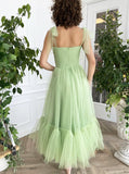 Sage Tea Length Tulle Dress,A-line Spring Bridesmaid Dress with Pockets,PD00535