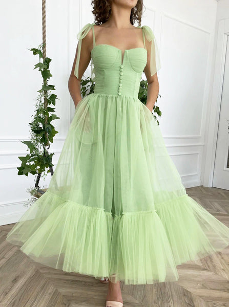 Sage Tea Length Tulle Dress,A-line Spring Bridesmaid Dress with Pockets,PD00535
