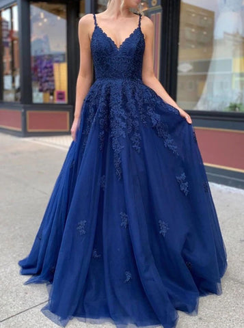 A-line Dark Navy Prom Dress,V-neck Lace Up Back Prom Dress,PD00536