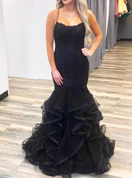 Mermaid Formal Black Gown,Ruffle Evening Dress with Lace Up Back,PD00537