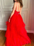 Tiered Skirt High Low Dress,Red V-neck Tulle Formal Dress,PD00538