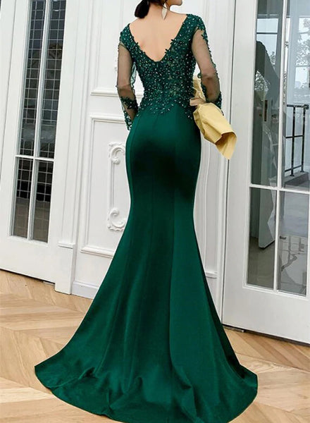 V-neck Formal Dress with Sleeves,Lace Appliques Top Evening Dress,PD00547