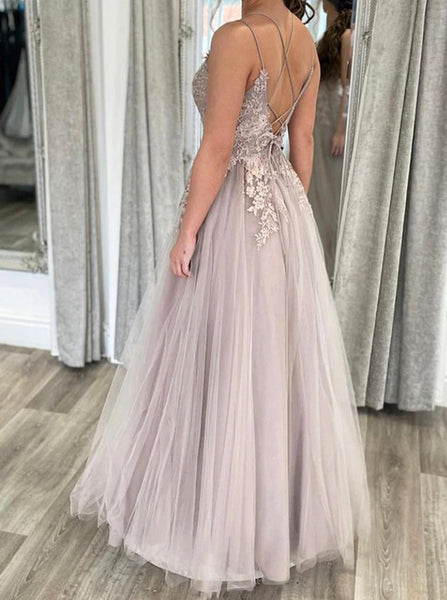 A-line Lace Up Prom Dress,Floral Appliques Tulle Party Dress,PD00549