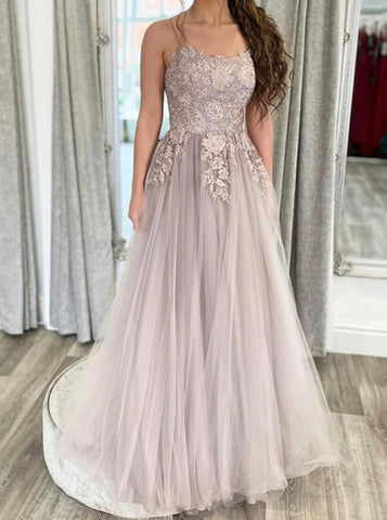 A-line Lace Up Prom Dress,Floral Appliques Tulle Party Dress,PD00549
