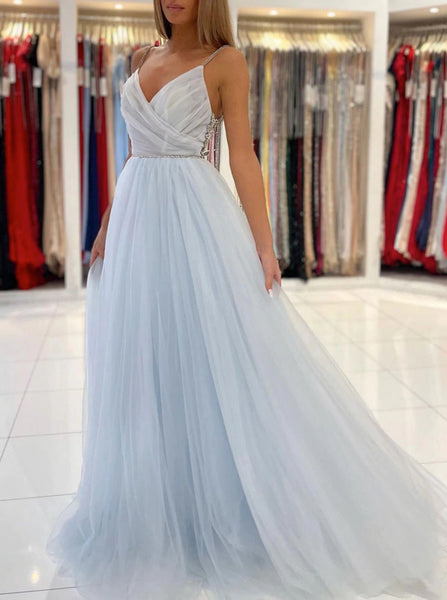 Light Sky Blue Tulle Prom Dress,Pleated Prom Dress Spaghetti Straps,PD00553