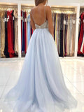 Light Sky Blue Tulle Prom Dress,Pleated Prom Dress Spaghetti Straps,PD00553